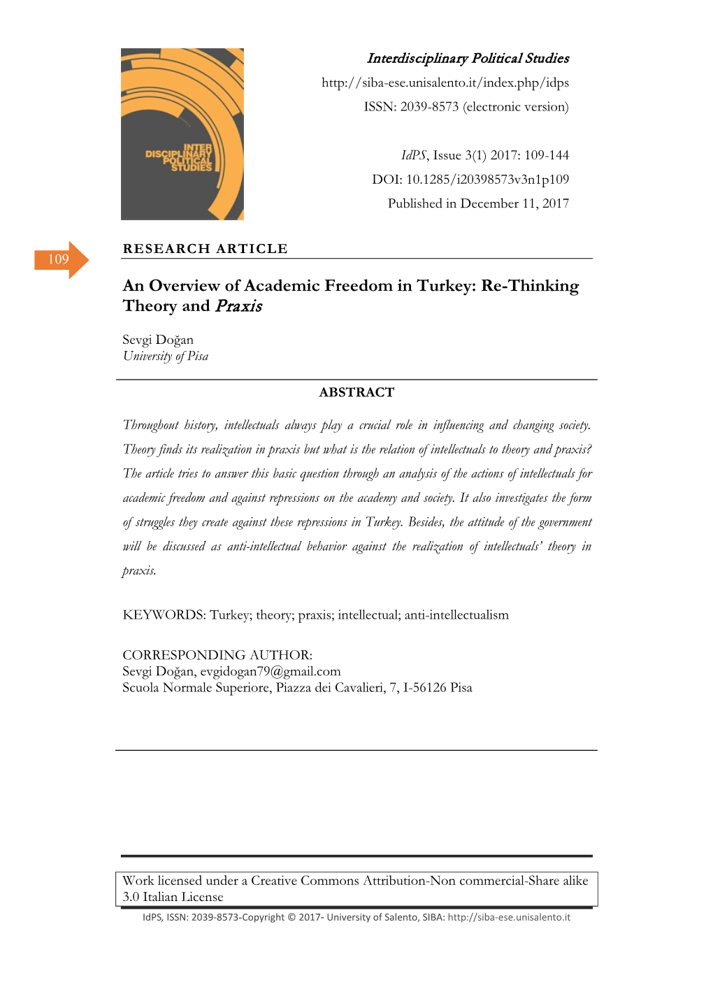 An Overview of Academic Freedom in Turkey: Re-Thinking Theory and Praxis