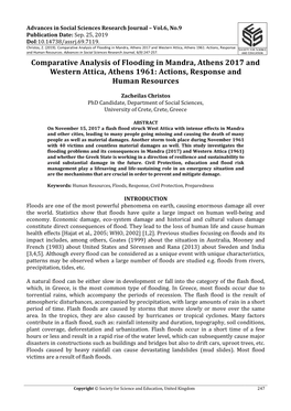 Comparative Analysis of Flooding in Mandra, Athens 2017 and Western Attica, Athens 1961: Actions, Response and Human Resources
