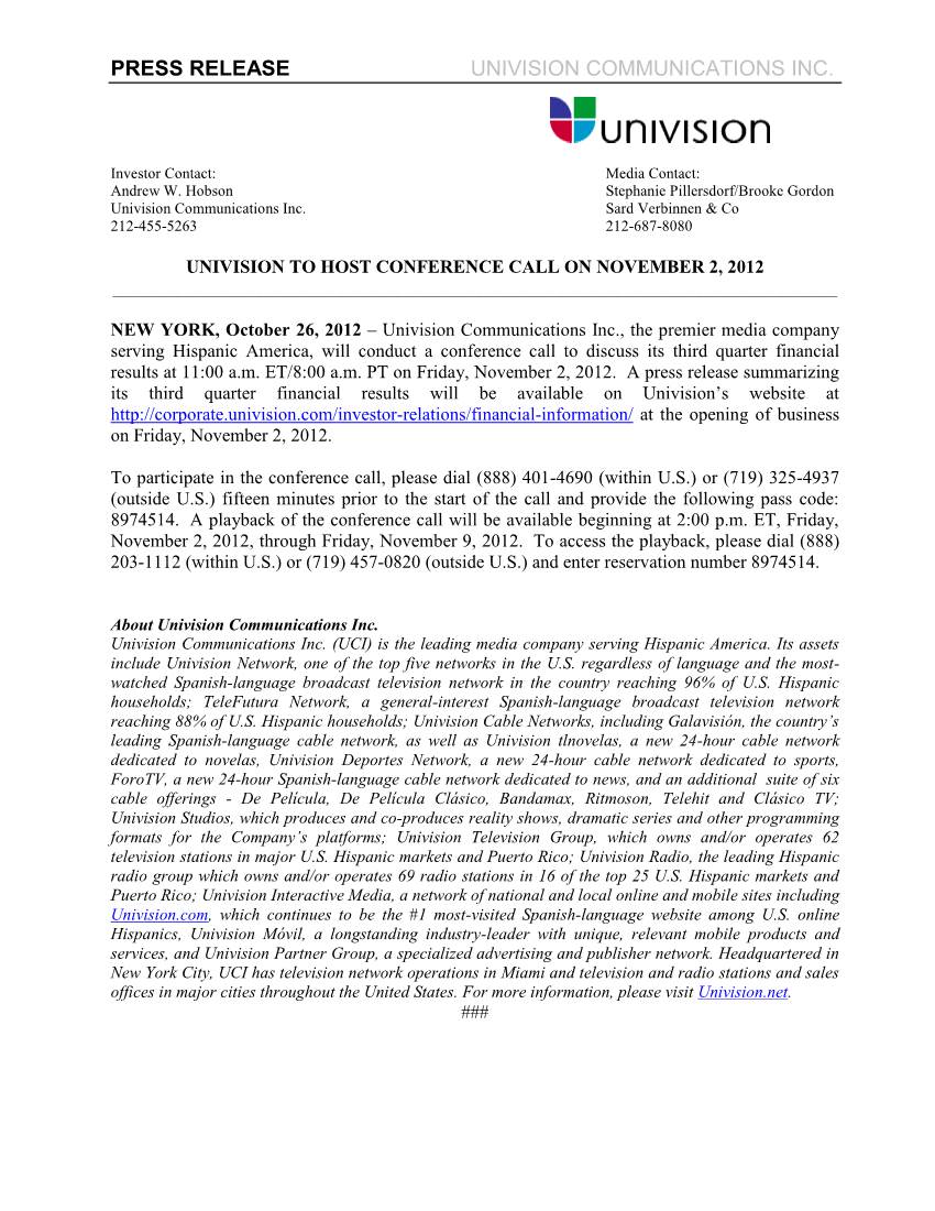 Press Release Univision Communications Inc