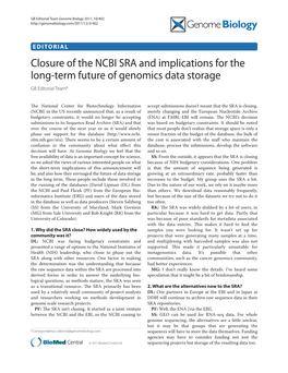 Closure of the NCBI SRA and Implications for the Long-Term Future of Genomics Data Storage GB Editorial Team*