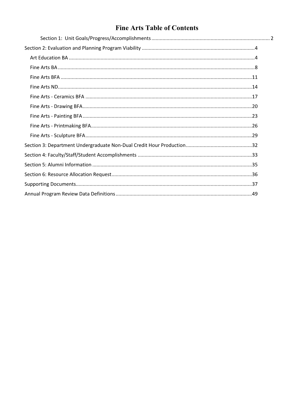 Fine Arts Table of Contents Section 1: Unit Goals/Progress/Accomplishments