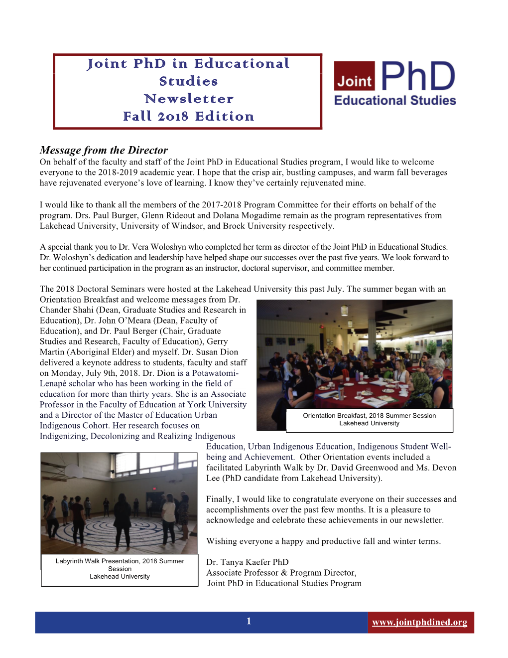 Joint Phd in Educational Studies Newsletter Fall 2018 Edition