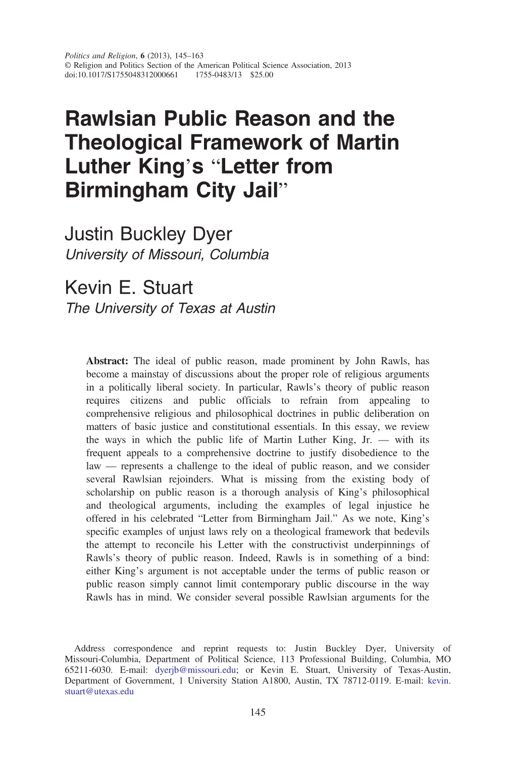 Rawlsian Public Reason and the Theological Framework of Martin Luther King’S “Letter from Birmingham City Jail”