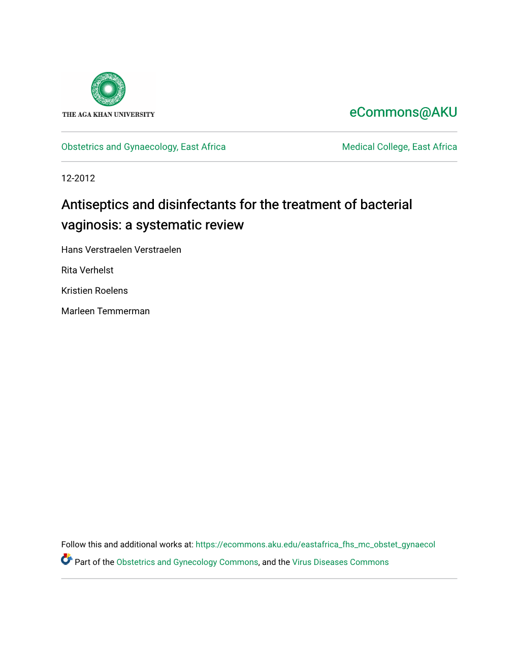 Antiseptics and Disinfectants for the Treatment of Bacterial Vaginosis: a Systematic Review