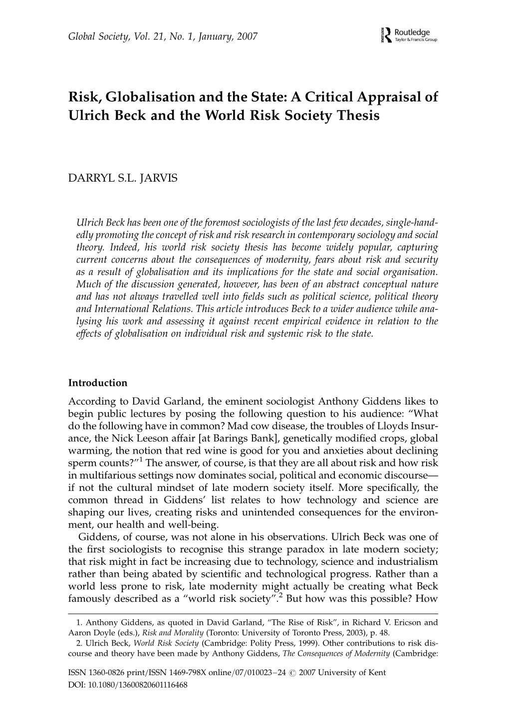 Risk, Globalisation and the State: a Critical Appraisal of Ulrich Beck and the World Risk Society Thesis