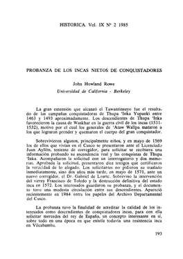 HISTORICA. Vol. IX N9 2 1985 PROBANZA DE LOS INCAS