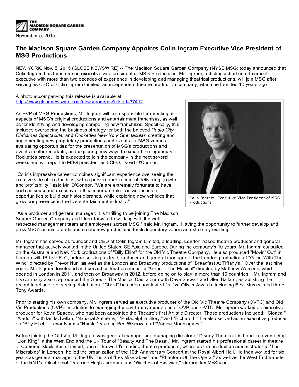 The Madison Square Garden Company Appoints Colin Ingram Executive Vice President of MSG Productions