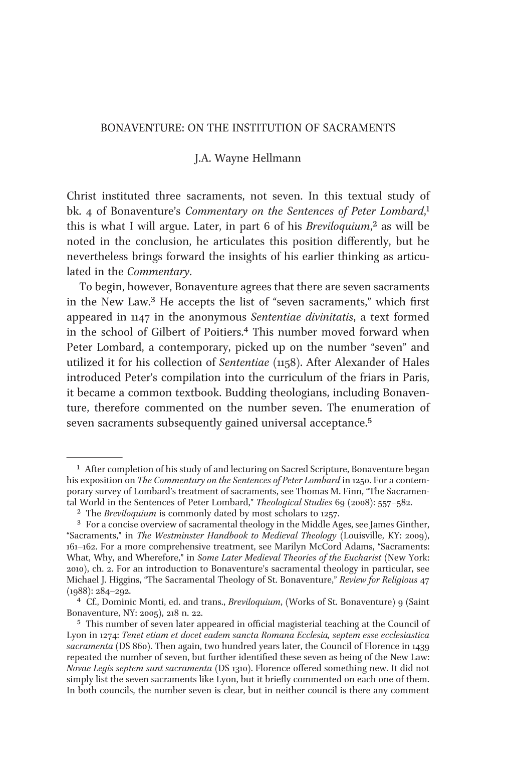 Bonaventure: on the Institution of Sacraments J.A. Wayne Hellmann