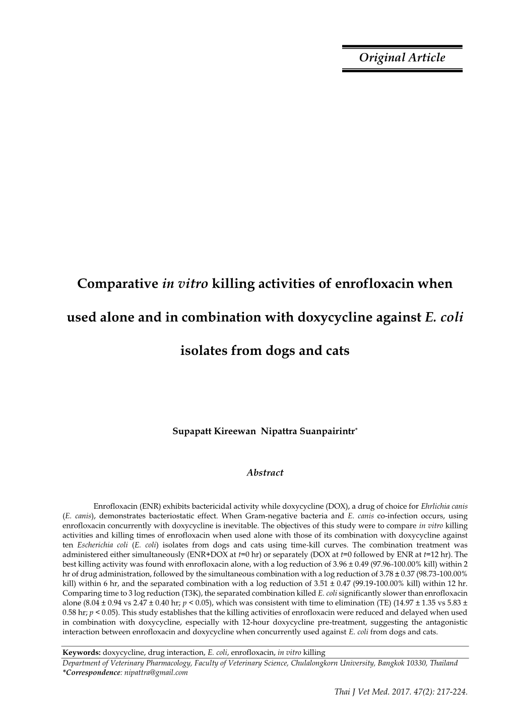 Comparative in Vitro Killing Activities of Enrofloxacin When Used Alone And
