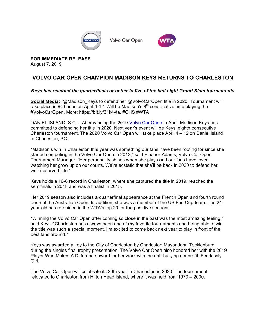 Volvo Car Open Champion Madison Keys Returns to Charleston