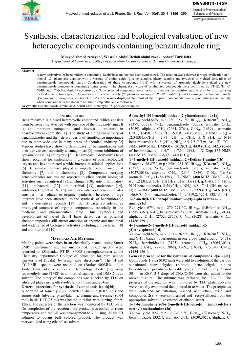 Synthesis, Characterization and Biological Evaluation of New Heterocyclic Compounds Containing Benzimidazole Ring