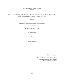 The Lateness of Pastoral Conventions in the Music of Frank Bridge, Gustav Holst, and Ralph Vaughan Williams, 1910-1930