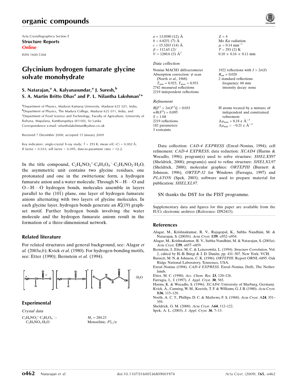 Glycinium Hydrogen Fumarate Glycine Solvate Monohydrate