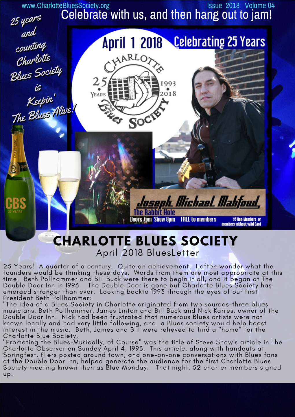 CHARLOTTE BLUES SOCIETY April 2018 Bluesletter 25 Years! a Quarter of a Century