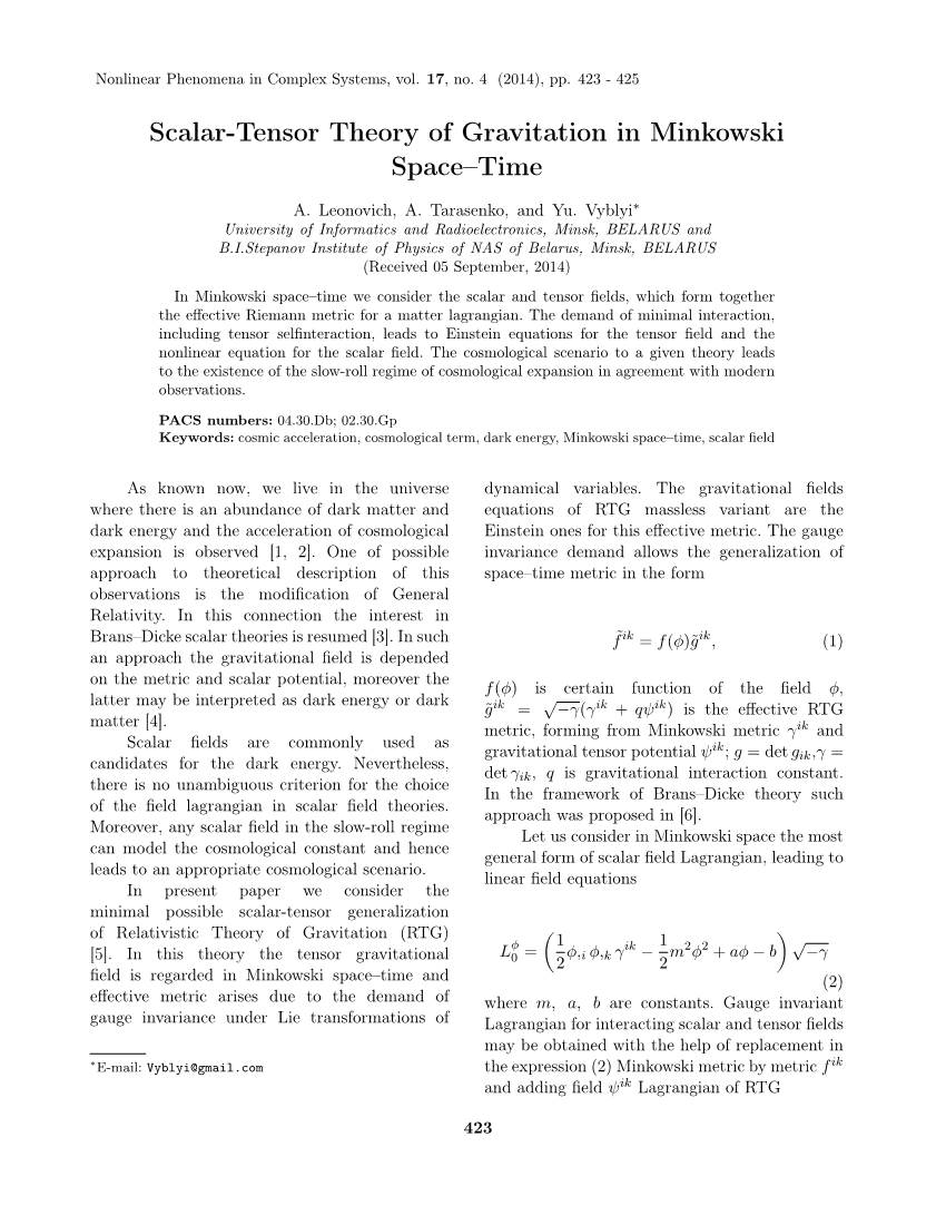 Scalar-Tensor Theory of Gravitation in Minkowski Space–Time