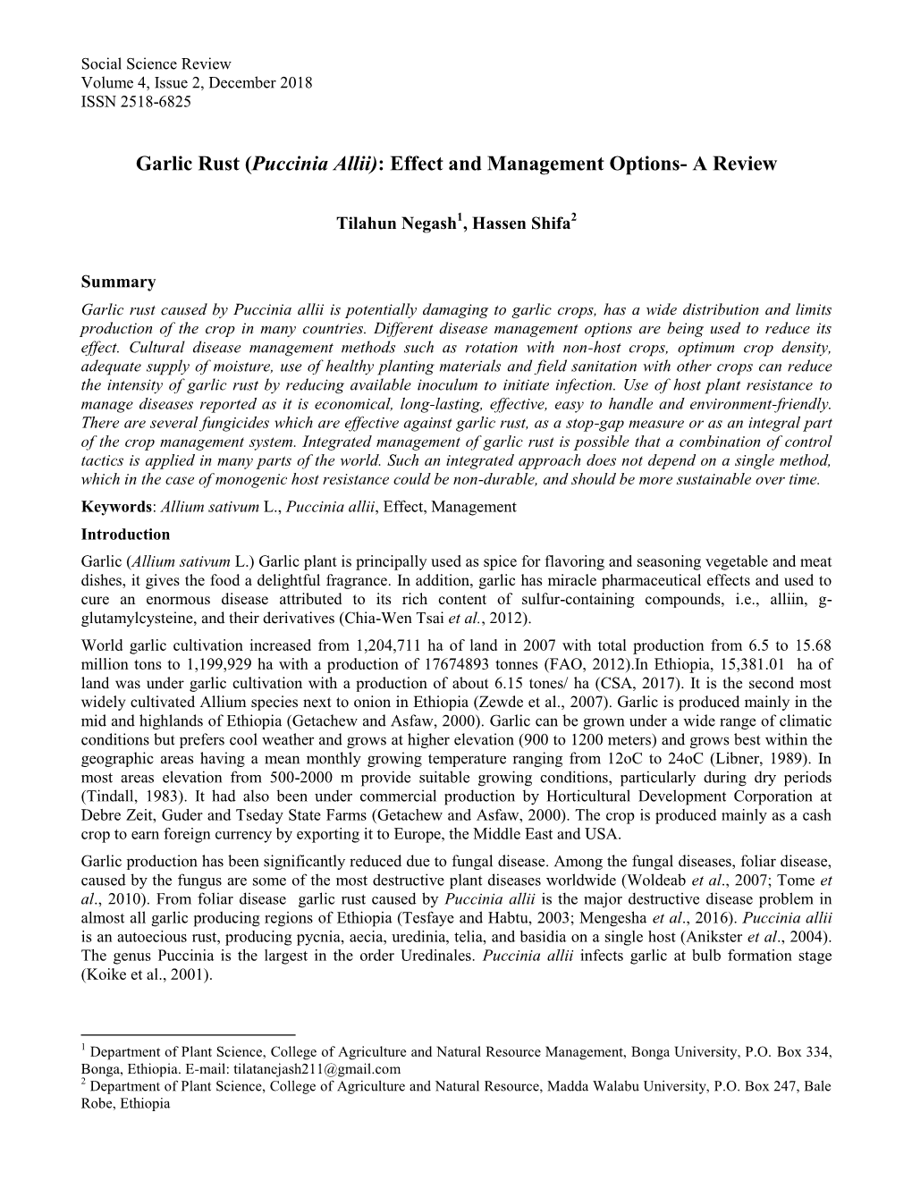 Garlic Rust (Puccinia Allii): Effect and Management Options- a Review