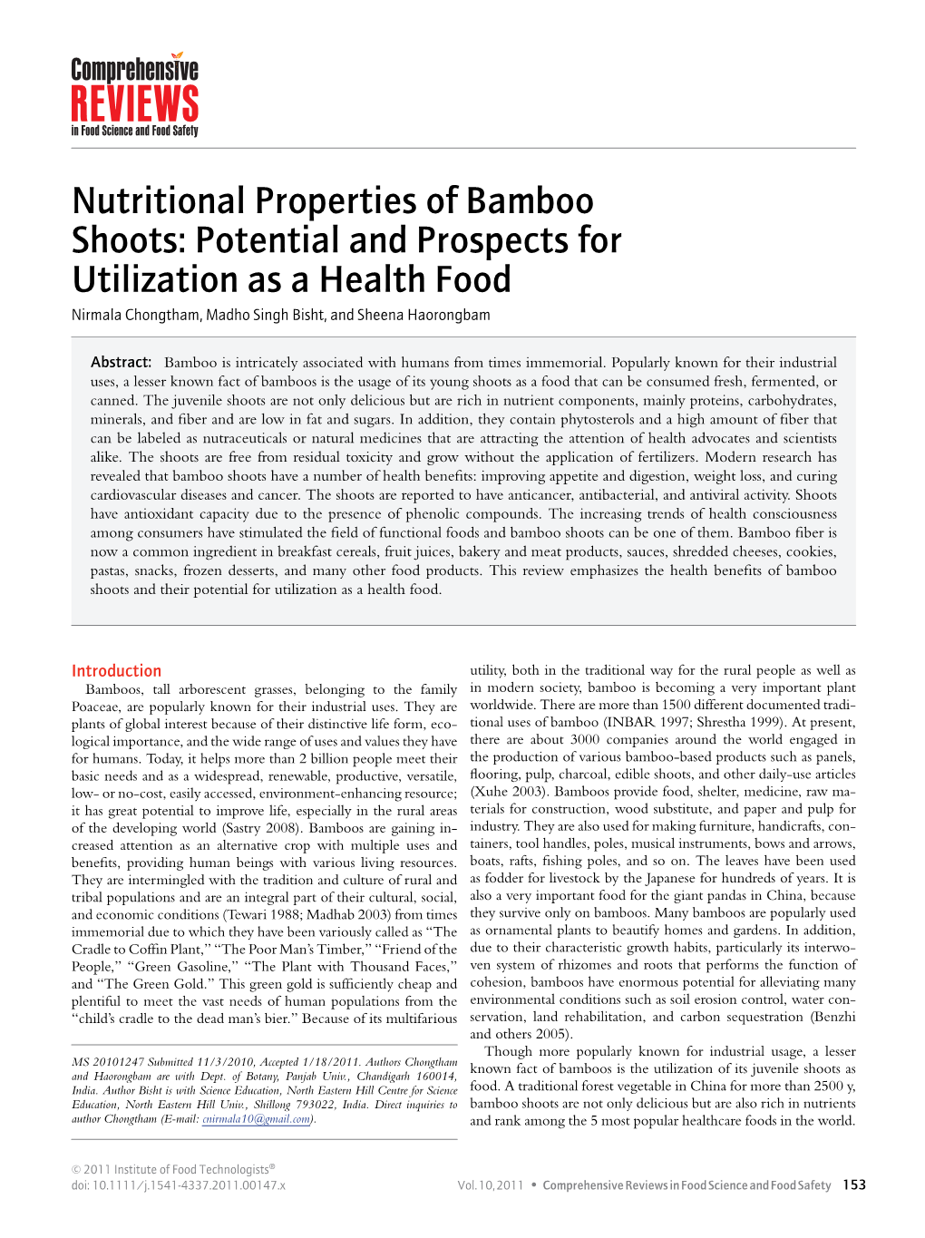 Nutritional Properties of Bamboo Shoots: Potential and Prospects for Utilization As a Health Food Nirmala Chongtham, Madho Singh Bisht, and Sheena Haorongbam