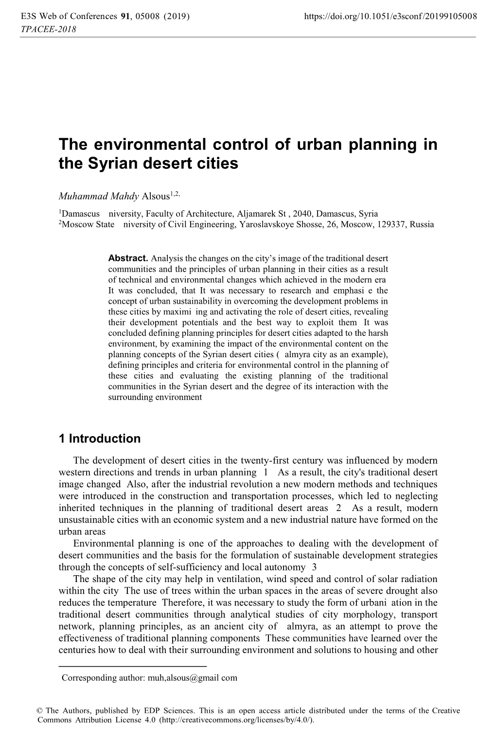 The Environmental Control of Urban Planning in the Syrian Desert Cities