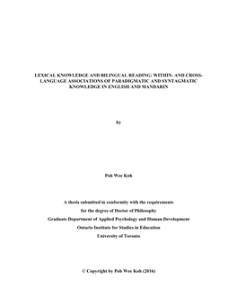 Lexical Knowledge and Bilingual Reading: Within- and Cross- Language Associations of Paradigmatic and Syntagmatic Knowledge in English and Mandarin