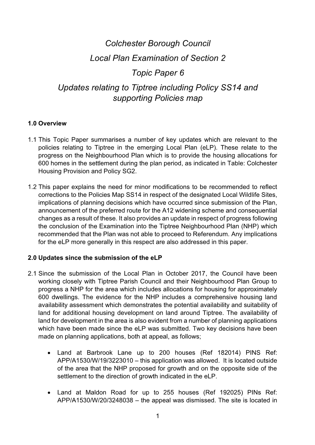 Colchester Borough Council Local Plan Examination of Section 2 Topic Paper 6 Updates Relating to Tiptree Including Policy SS14 and Supporting Policies Map