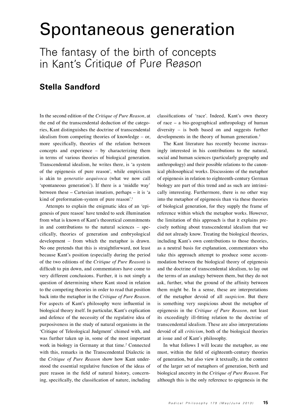 Spontaneous Generation the Fantasy of the Birth of Concepts in Kant’S Critique of Pure Reason