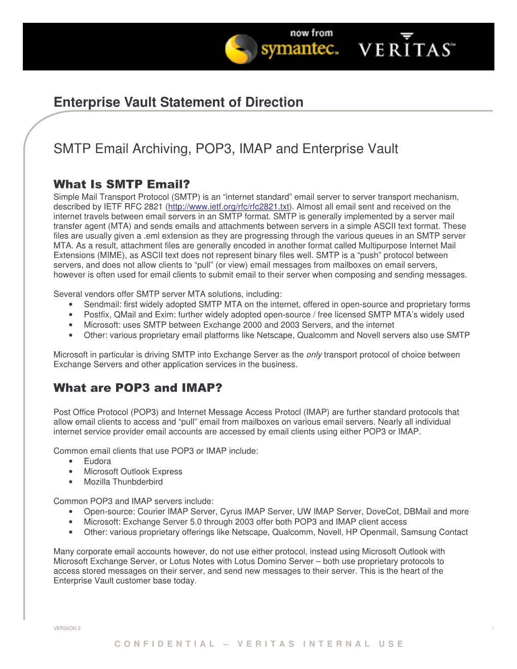 Enterprise Vault Statement of Direction SMTP Email Archiving