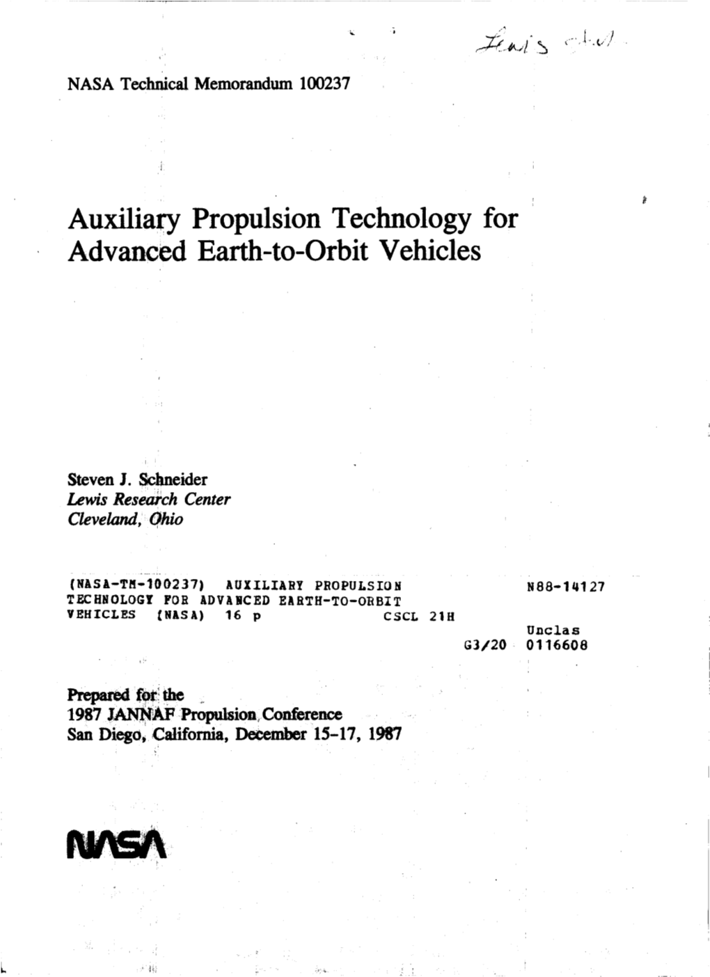 Auxiliary Propulsion Technology for Advanced Earth-To-Orbit Vehicles