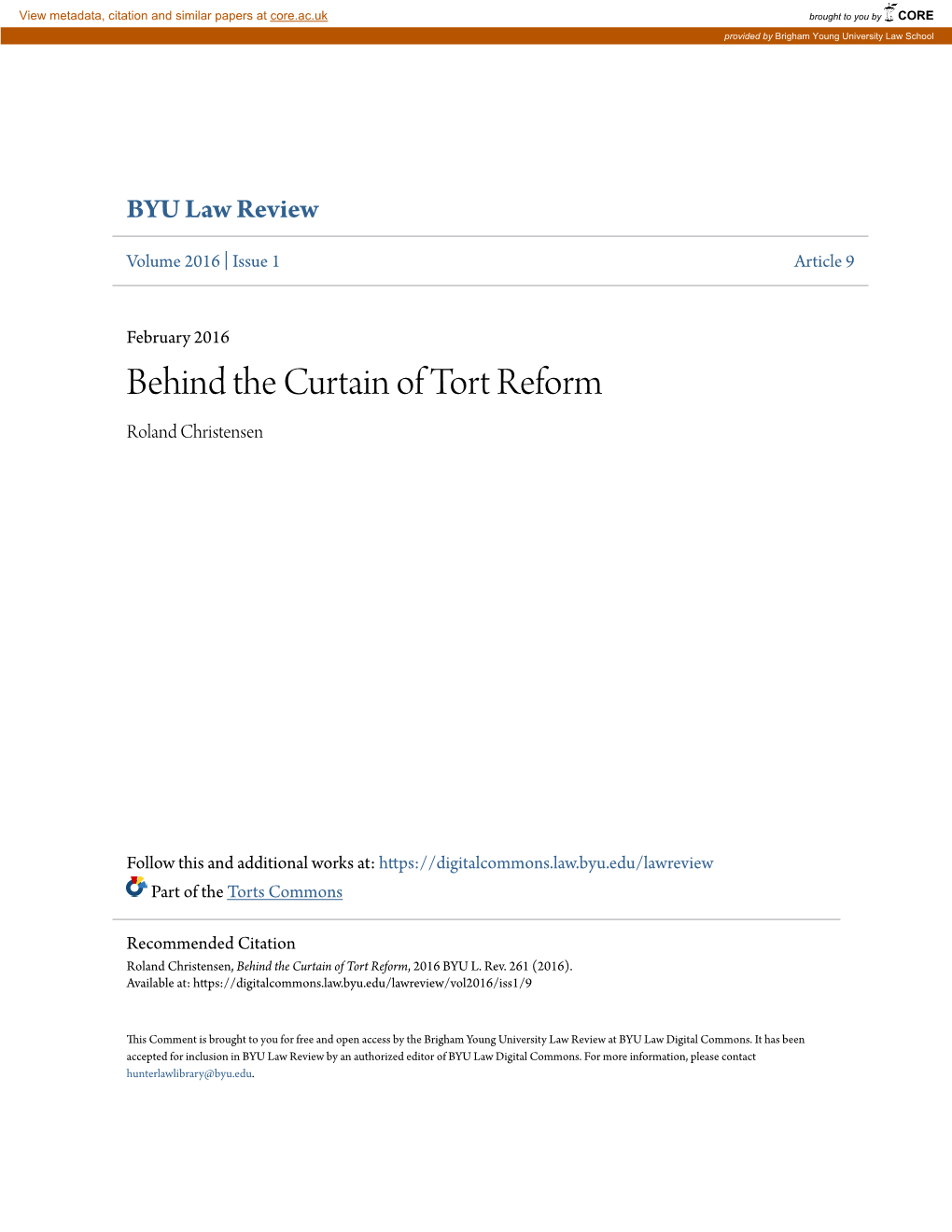 Behind the Curtain of Tort Reform Roland Christensen