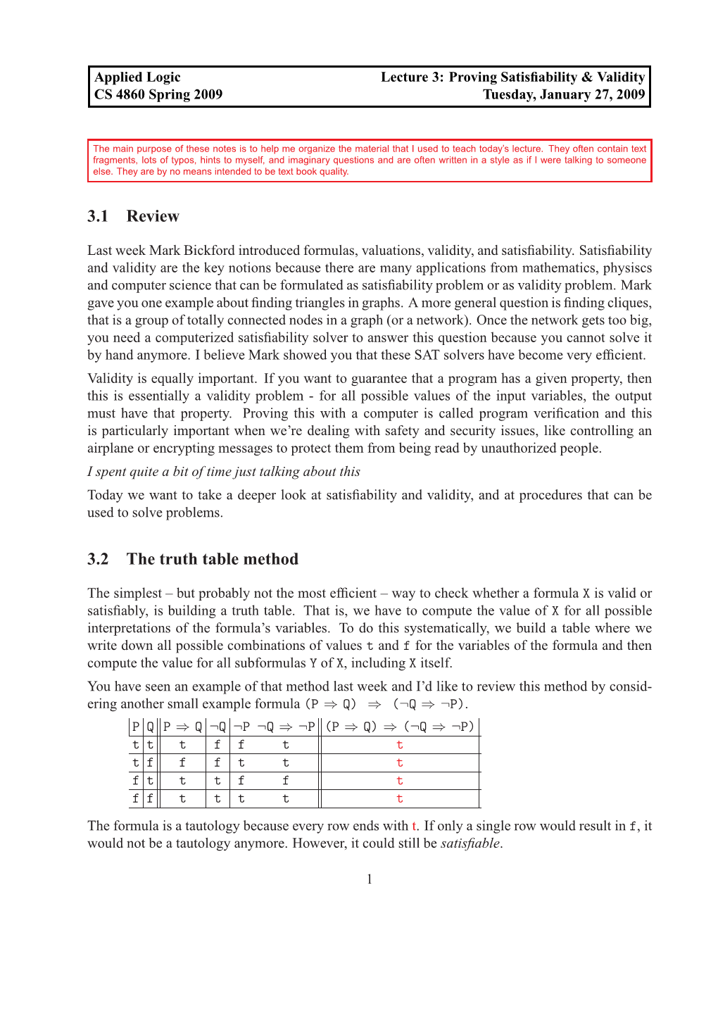 3.1 Review 3.2 the Truth Table Method