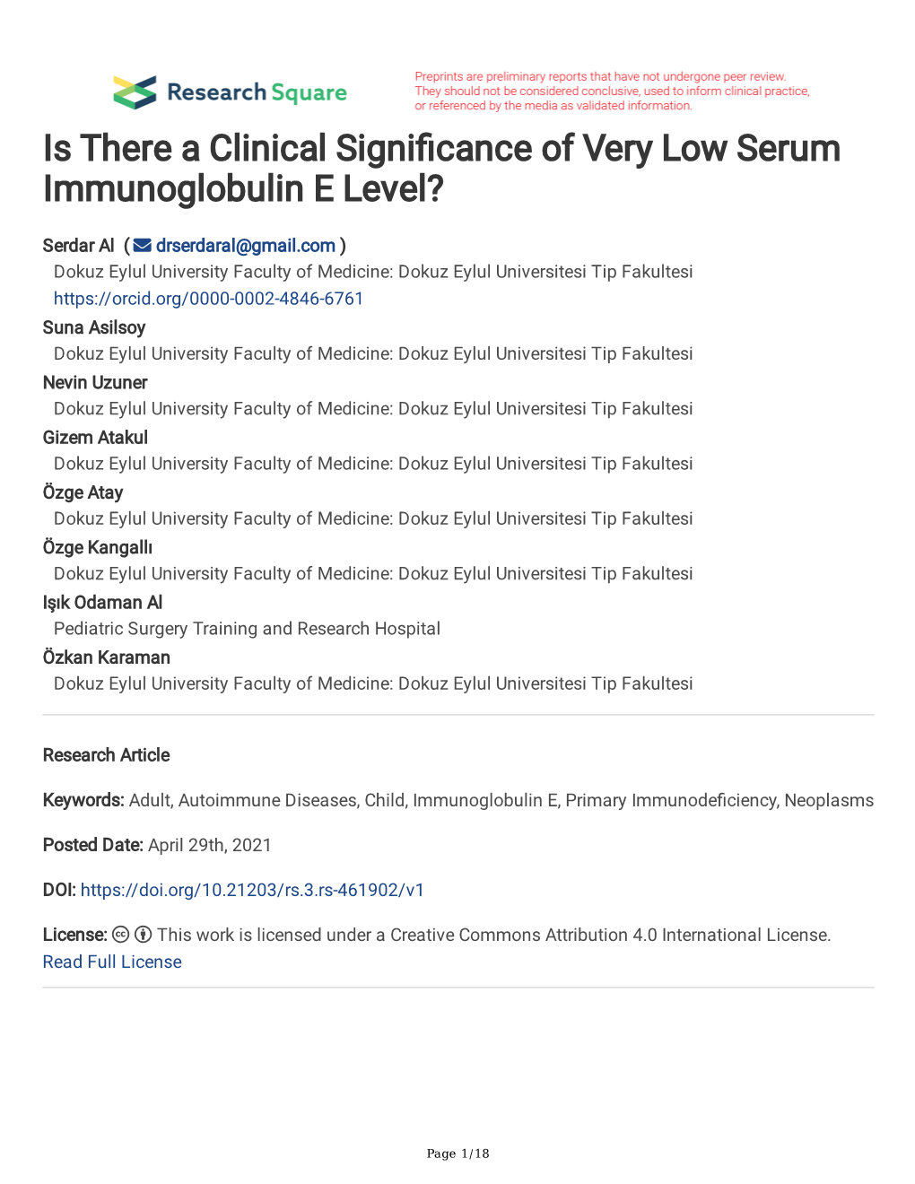 Is There a Clinical Signi Cance of Very Low Serum Immunoglobulin E Level?