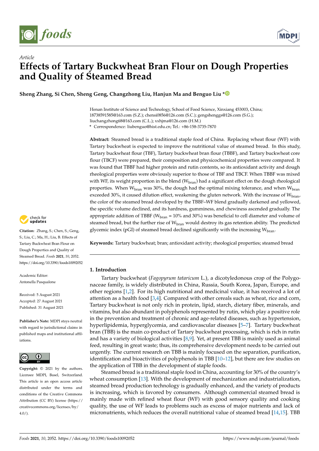 Effects of Tartary Buckwheat Bran Flour on Dough Properties and Quality of Steamed Bread