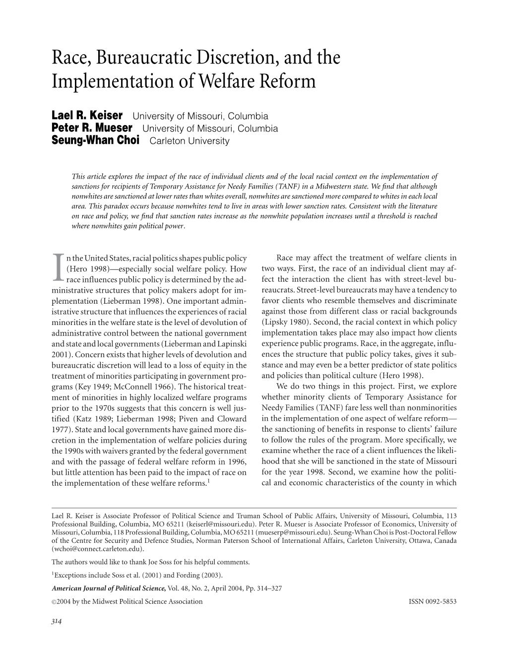 Race, Bureaucratic Discretion, and the Implementation of Welfare Reform