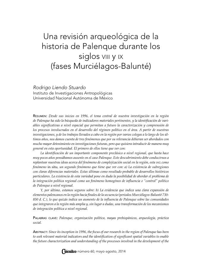 Una Revisión Arqueológica De La Historia De Palenque Durante Los Siglos Viii Y Ix (Fases Murciélagos-Balunté)