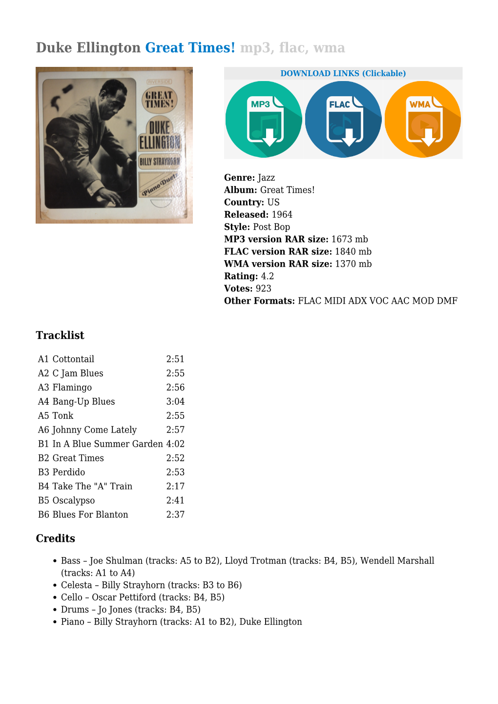Duke Ellington Great Times! Mp3, Flac, Wma