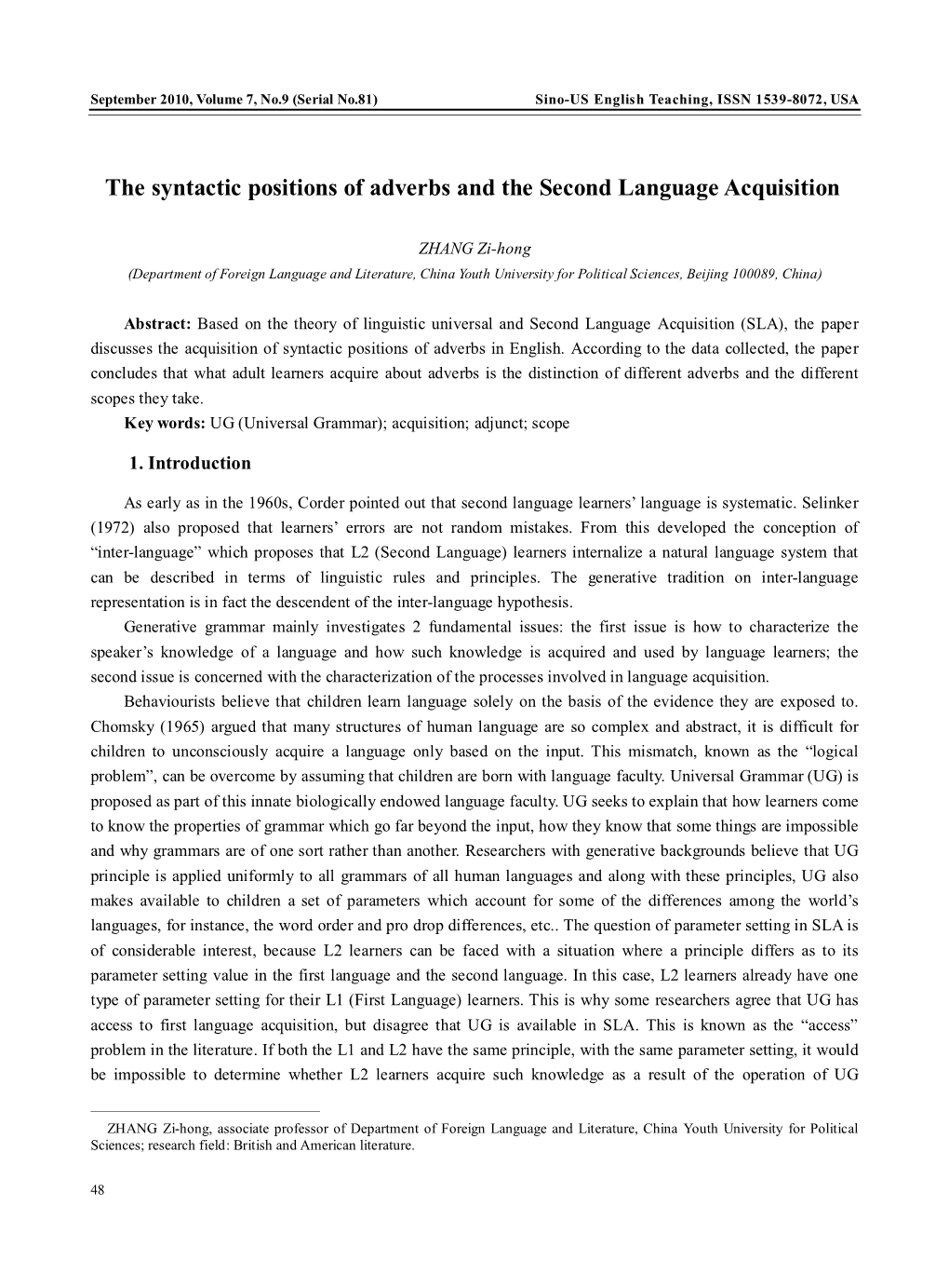 The Syntactic Positions of Adverbs and the Second Language Acquisition