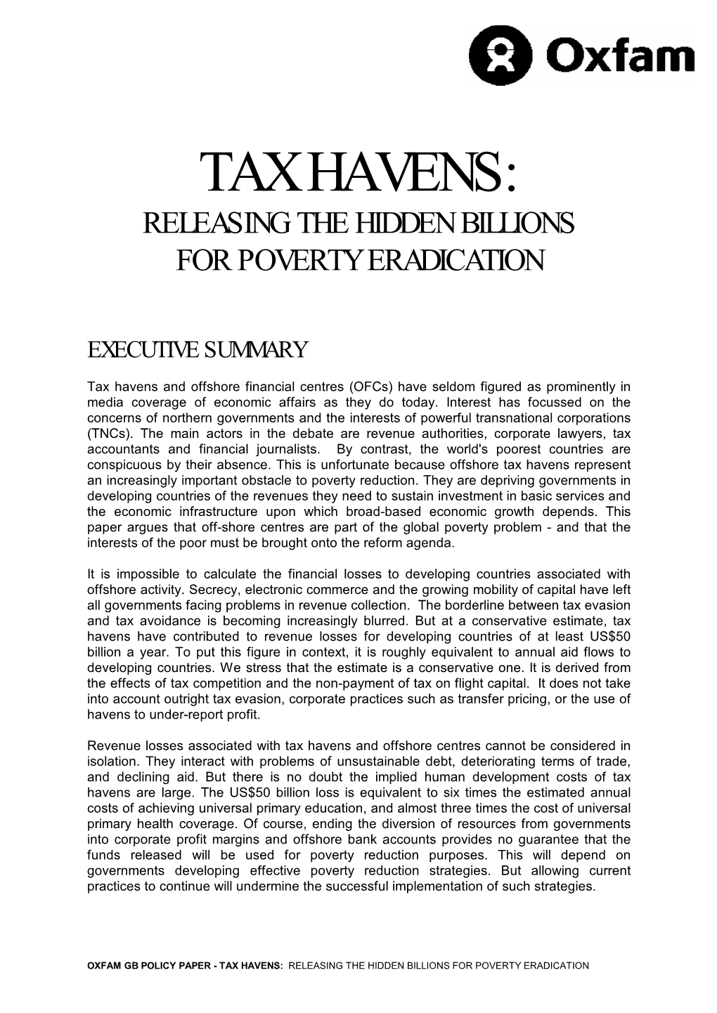 Tax Havens: Releasing the Hidden Billions for Poverty Eradication