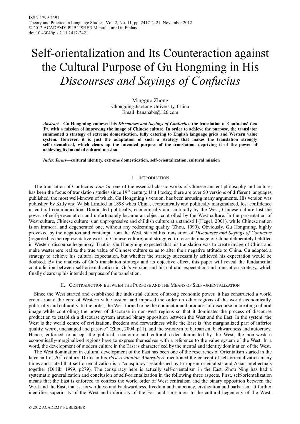 Self-Orientalization and Its Counteraction Against the Cultural Purpose of Gu Hongming in His Discourses and Sayings of Confucius