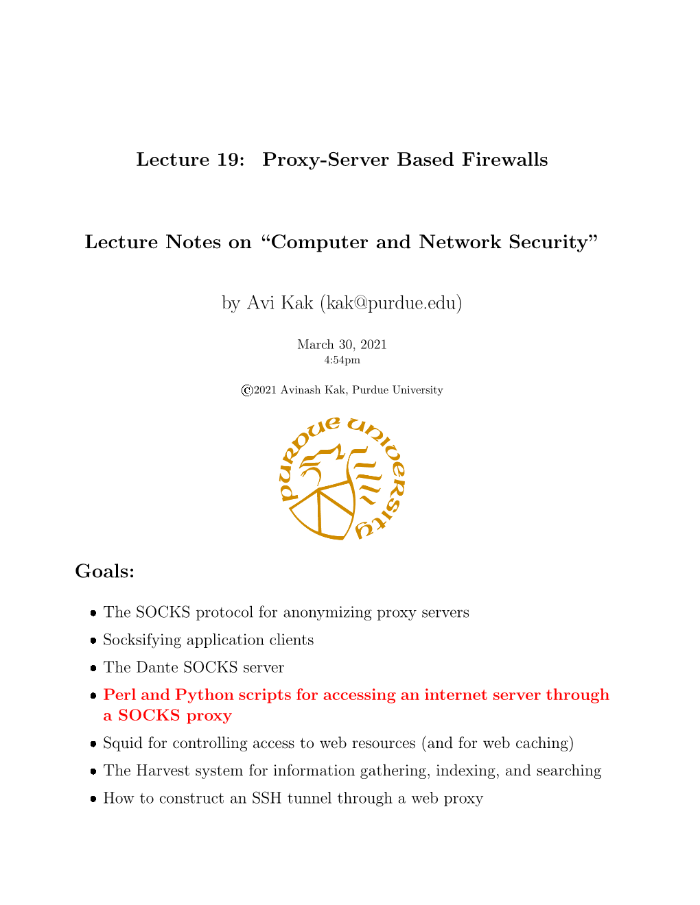 Lecture 19: Proxy-Server Based Firewalls Lecture Notes On