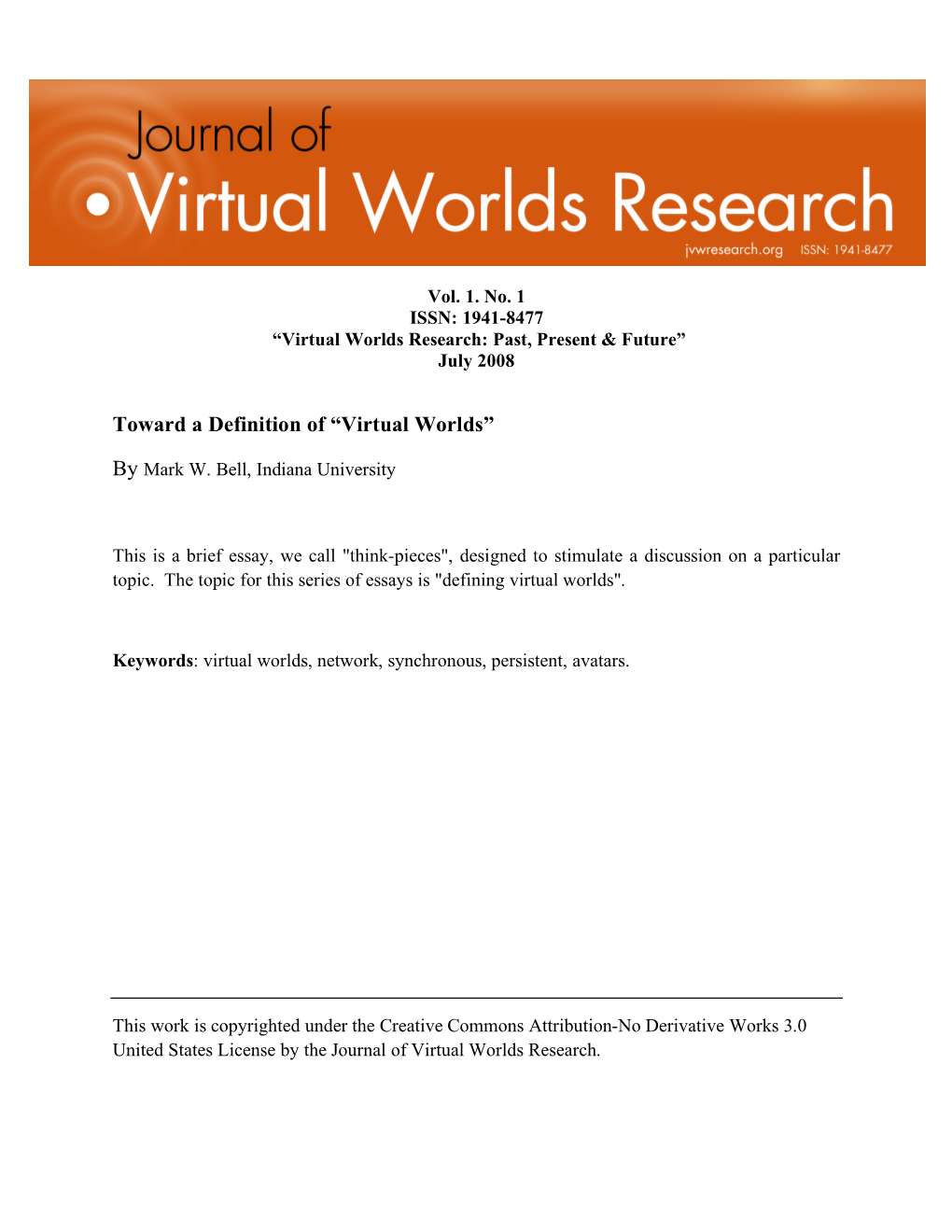 Toward a Definition of “Virtual Worlds”