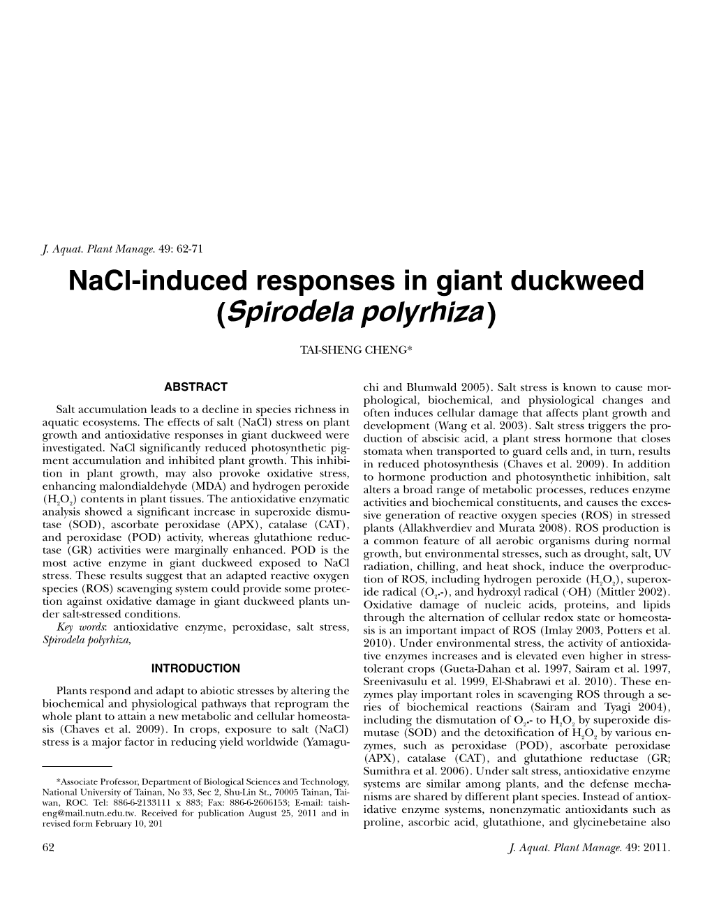 Nacl-Induced Responses in Giant Duckweed (Spirodela Polyrhiza)