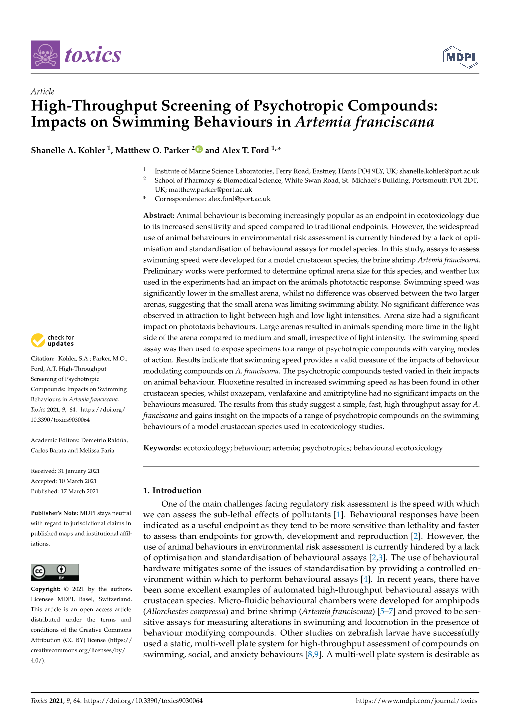 Impacts on Swimming Behaviours in Artemia Franciscana