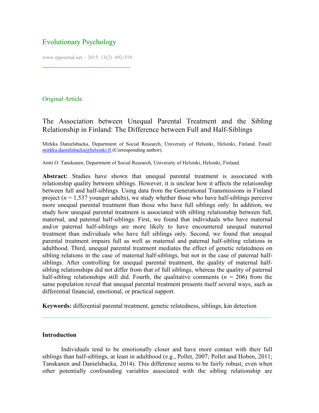 The Association Between Unequal Parental Treatment and the Sibling Relationship in Finland: the Difference Between Full and Half-Siblings