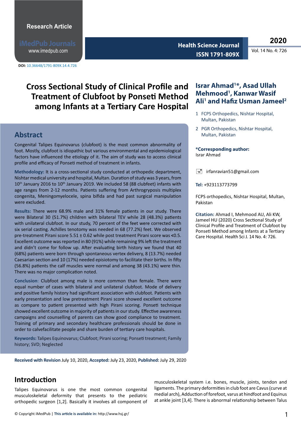 Cross Sectional Study of Clinical Profile and Treatment of Clubfoot By