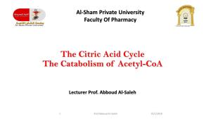 The Citric Acid Cycle the Catabolism of Acetyl-Coa