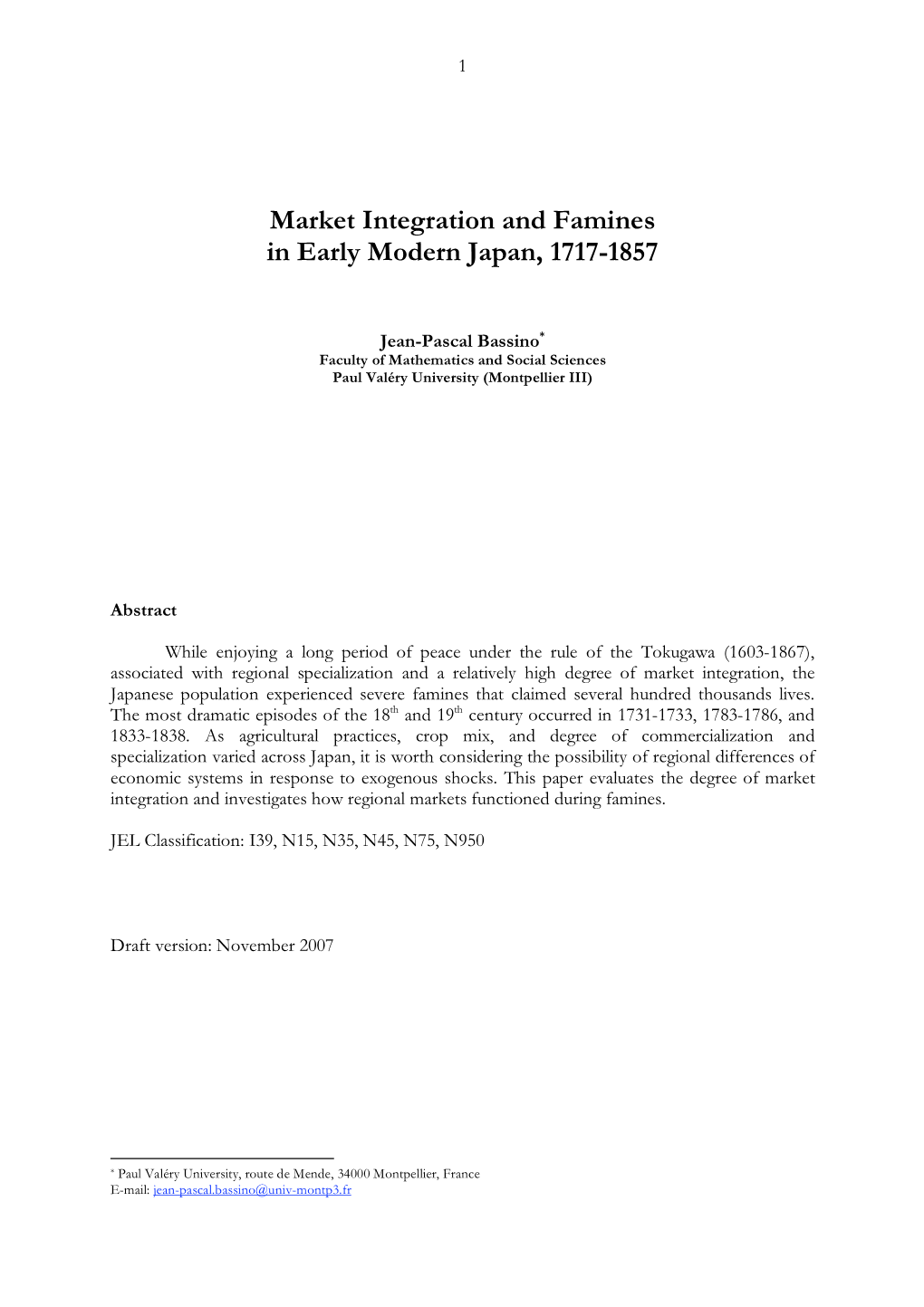 Market Integration and Famines in Early Modern Japan, 1717-1857