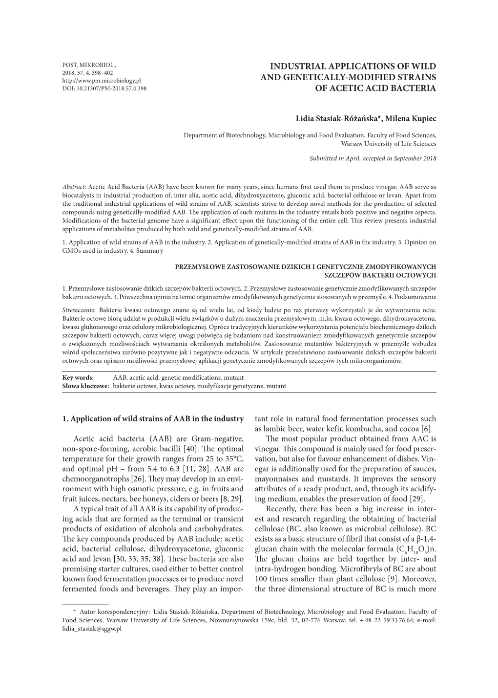 INDUSTRIAL APPLICATIONS of WILD and GENETICALLY-MODIFIED STRAINS of ACETIC ACID BACTERIA 399 Organized Compared to the Structure of Plant Cellulose of AAB