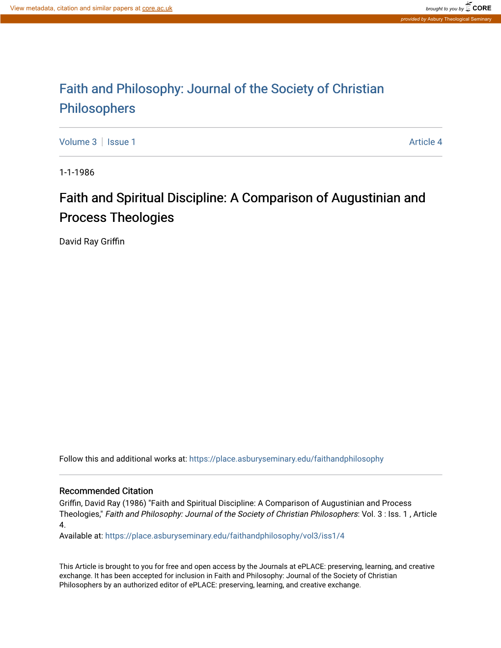Faith and Spiritual Discipline: a Comparison of Augustinian and Process Theologies
