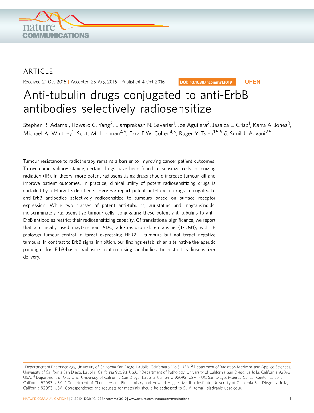 Anti-Tubulin Drugs Conjugated to Anti-Erbb Antibodies Selectively Radiosensitize