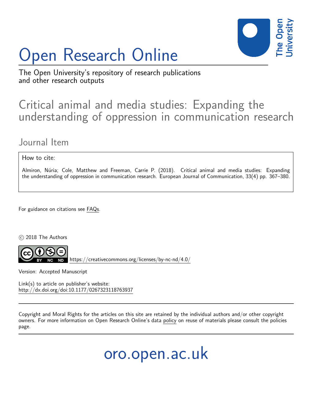 Critical Animal and Media Studies: Expanding the Understanding of Oppression in Communication Research