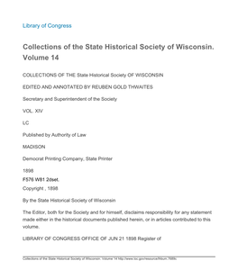 Collections of the State Historical Society of Wisconsin. Volume 14